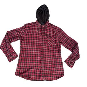 Nomad Flannel Jacket Men’s Red Black White Plaid Hoodie Button Down SZ XL